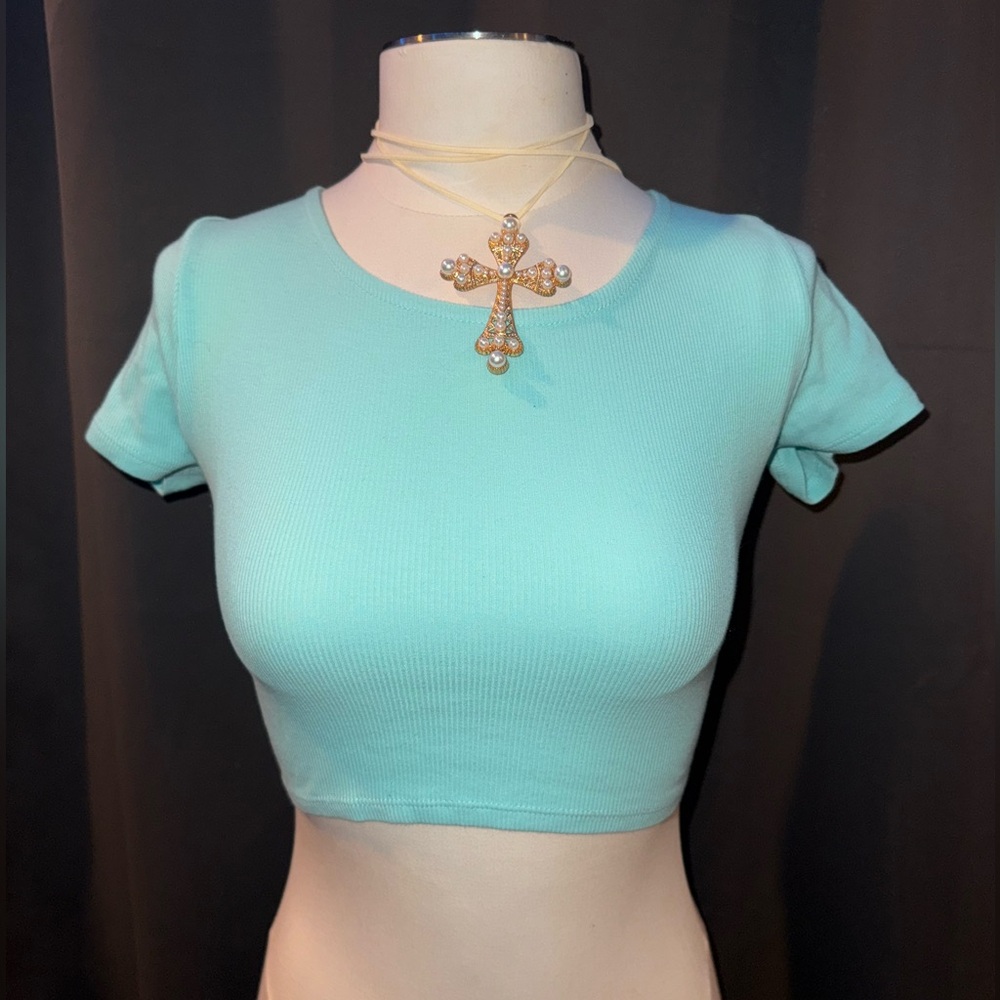Wild Fable turquoise Fitted Crop Top with tie up detail on back